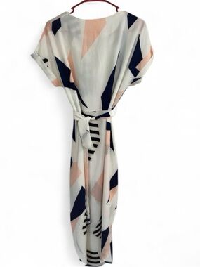 Midi Geometric Tie-Waist Dress in White, Navy & Blush